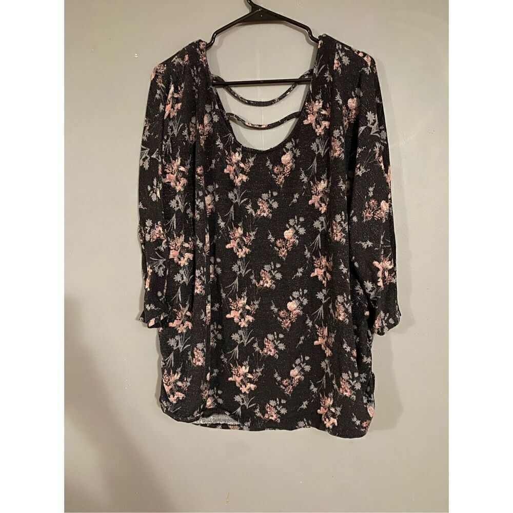 Faded Glory Floral Sparkly Ruched Side 3/4 Sleeve Open Back Top Size 3X